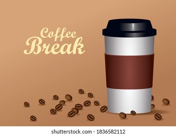 afiche de pausa de café con diseño de cacerola de plástico y semilla vectorial
