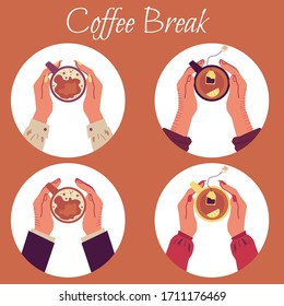Coffee break poster with top view of hands holding cups of hot drink. Arms with long sleeves holding warm beverage mugs seen from above - flat vector illustration set.