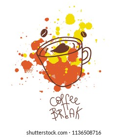 coffee break postercup with ink colorful stains isolated on white background. Can be used for greeting cards. tshirts