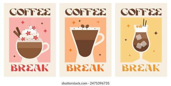 Coffee break posters set. Coffee with milk, latte, cappuccino, americano, flat white. Colorful wall art. Retro posters with drink. Modern trendy print. Cute design. Vector illustration