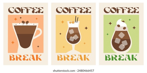 Kaffeepausenplakate gesetzt. Kaffee mit Milch, Latte, Cappuccino, Americano, flach weiß. Bunte Wandkunst. Retro-Poster mit Getränk. Moderner trendiger Druck. Nettes Design. Vektorillustration