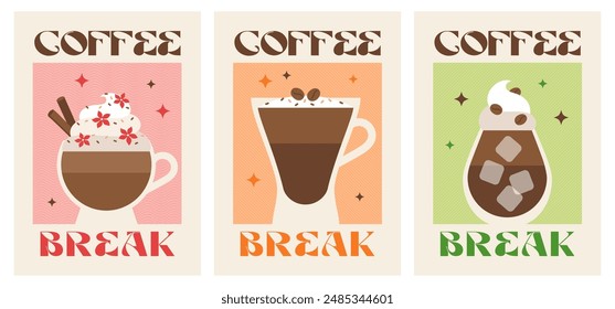 Coffee break posters set. Coffee with milk, latte, cappuccino, americano, flat white. Colorful wall art. Retro posters with drink. Modern trendy print. Cute design. Vector illustration