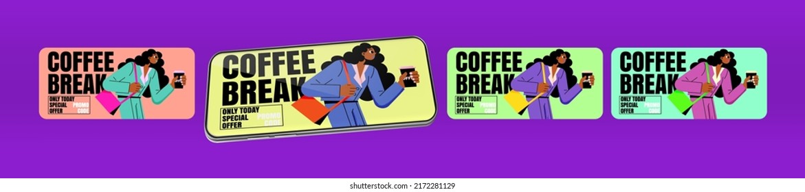 Coffee break posters, special offer banners with promo code in mobile phone app. Vector coffee shop or cafe discount flyers with flat illustration of woman with bag and cup