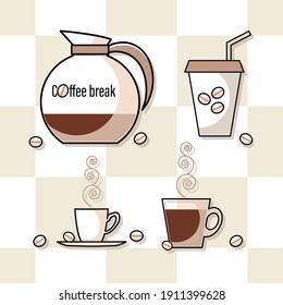Coffee break. Coffee pot, cup with saucer, paper cup. Coffee icon set. Linear symbol for web and mobile phone on checkered background. Coffee beans. Vector graphic illustration.
