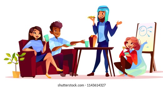 Coffee break at presentation vector illustration. Arabian man treating guests with food and drink at informal business meeting or corporate party. Woman in chair at table talking with colleagues