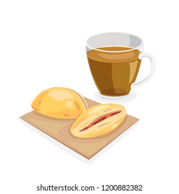 Coffee break, puff and hot coffee.