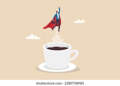 Coffee break to refresh or boost energy, morning routine to help focus and boost productivity, relax or awaken with tea break concept, businessman superhero flying from mug of coffee.