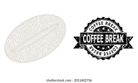 Coffee Break rubber seal imitation and vector coffee bean mesh structure. Black seal includes Coffee Break caption inside ribbon and rosette. Abstract flat mesh coffee bean, built from flat mesh.