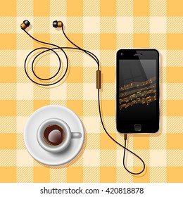 Coffee Break. Semi Realistic Vector Illustration Of A Mobile Phone With The Earphones And A Coffee Cup On A Clothed Table Representing Coffee Break.