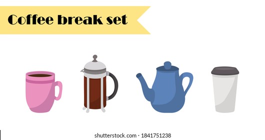 Coffee break set.  cup kettle coffee pot. Hand draw set 