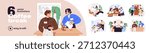 Coffee break set. Happy colleagues have lunch together. Team drinks tea and talks while work. Employees, workers have a breakfast in office kitchen. Flat isolated vector illustrations on white