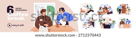 Coffee break set. Happy colleagues have lunch together. Team drinks tea and talks while work. Employees, workers have a breakfast in office kitchen. Flat isolated vector illustrations on white
