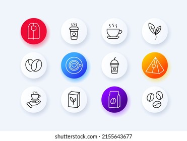 Coffee break set icon. Coffee, drink, plant, tea bag, grains, mug, cocktail, americano, etc. Coffee shop, barista drawing on coffee. Neomorphism style. Vector line icon for Business and Advertising