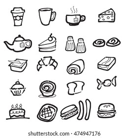 Coffee break and snacks cartoon drawing icons