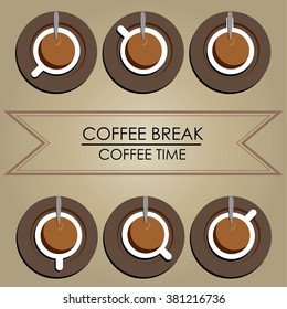 coffee break with spoons and cups on top view table are arranged like a clock