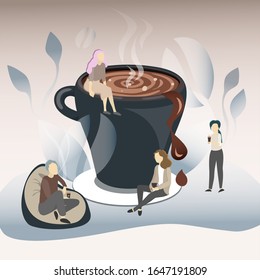 Coffee break, staff relaxing and enjoying vector. Illustration people drink tea and coffee in office, rest space for employee, colleagues communication and discussion. Big mug espresso in cafe company
