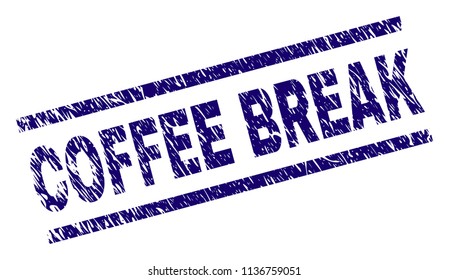 COFFEE BREAK stamp seal watermark with grunge style. Blue vector rubber print of COFFEE BREAK caption with retro texture. Text caption is placed between parallel lines.