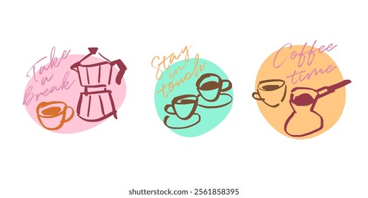 Coffee break stickers, line art doodle illustrations