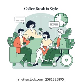 Coffee Break in Style concept. This illustration portrays a vibrant coffee break scene with four people engaging in relaxed conversation. They enjoy drinks while sharing a moment of camaraderie in a