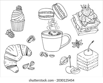 Coffee break sweet set cupcake raspberries cream macaroon waffles strawberry biscuit cherry croissant almond coffee beans anise graphic sketch black white illustration vector