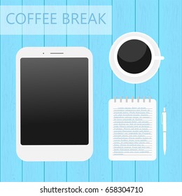 Coffee break with tablet, coffee, notepad, pen on the wood table from above