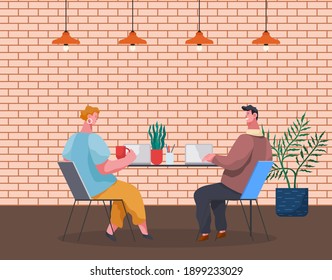 Coffee break, teamwork, workers talk, woman with cup, man with laptop sitting at table and talking, colleagues discussing work, strategy, people working, partners, project managers, businesspeople