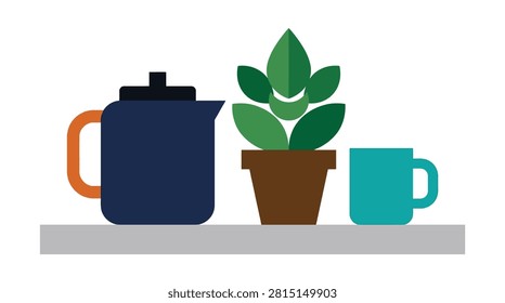 Coffee break with teapot plant and mug on shelf beverage decoration lifestyle