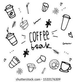 Coffee break text. For cafe and restaurants menu, banners, poster, advertising. Vector text illustration. Background for promotion materials.