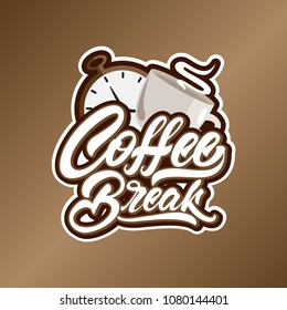 Coffee break text in lettering style with clock and cup illustration. Emblem or logo. Vector illustration design.