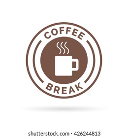 Coffee break time badge sign with brown steaming coffee mug icon silhouette. Vector illustration.