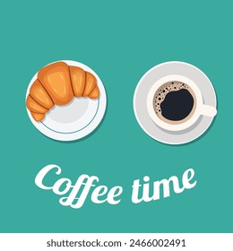 Tiempo de descanso para el café con croissant, café y croissant vista superior. Ilustración vectorial en estilo plano