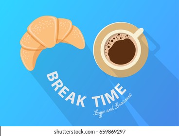 Coffee break time with croissant, Coffee and croissant top view vector illustration on blue background.