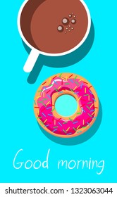 Coffee break time with donuts, Coffee and chocolate donut top view vector illustration on yellow background. 