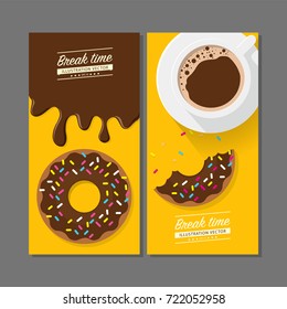 Coffee break time with donuts, Coffee and chocolate donut top view vector illustration on yellow background.