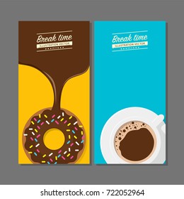 Coffee break time with donuts, chocolate donut top view vector illustration on yellow background. Coffee top view vector illustration on blue background.