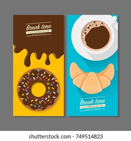 Coffee break time with donuts and croissant. Coffee Croissant and Chocolate Donut top view vector illustration on blue and yellow background.