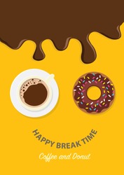 Coffee Break Time With Donuts, Coffee Cup And Chocolate Donut Top View Vector Illustration On Yellow And Blue Background.