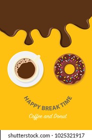 Coffee break time with donuts, Coffee cup and chocolate donut top view vector illustration on yellow and blue background.