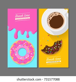 Coffee break time with donuts, Coffee cup and Strawberry chocolate donut top view vector illustration on yellow background.