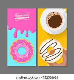 Coffee break time with donuts, Coffee cup, Strawberry and White chocolate donut top view vector illustration on yellow and blue background.