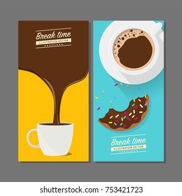 Coffee break time with donuts. Coffee cup and Chocolate Donut top view vector illustration on yellow and blue background.