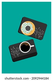 Coffee break time with donuts cute valentines day illustration, Coffee glass and chocolate donut top view vector illustration on green background. Delicious donuts. greetings card