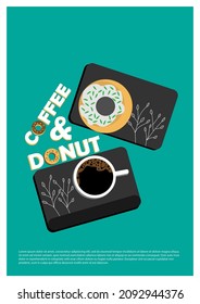 Coffee break time with donuts cute valentines day illustration, Coffee glass and chocolate donut top view vector illustration on green background. Delicious donuts. greetings card