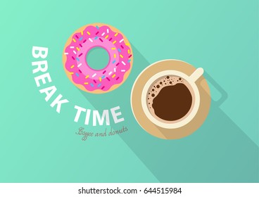 Coffee break time with donuts, Coffee and donut top view vector illustration on green background.