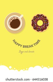 Coffee break time with donuts, Coffee and donut top view vector illustration on Yellow background.