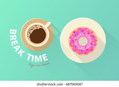 Coffee break time with donuts, Coffee and donut top view vector illustration on green background.