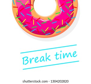 Coffee break time with donuts, Pink Donut top view Vector Illustration on white background. 