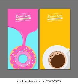 Coffee break time with donuts, Strawberry donut top view vector illustration on blue background. Coffee top view vector illustration on yellow background.