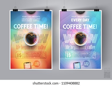 Coffee Break Time Flyer Template. Advertising is a Modern Concept for Leaflet, banners, invitation, brochure,poster. Wallpaper from colorful background. Coffee in the form of heart.Vector illustration