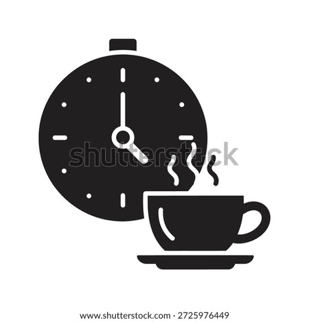 Coffee break time icon symbol solid glyph vector for office relaxation pause and hot drink cup mug clock schedule